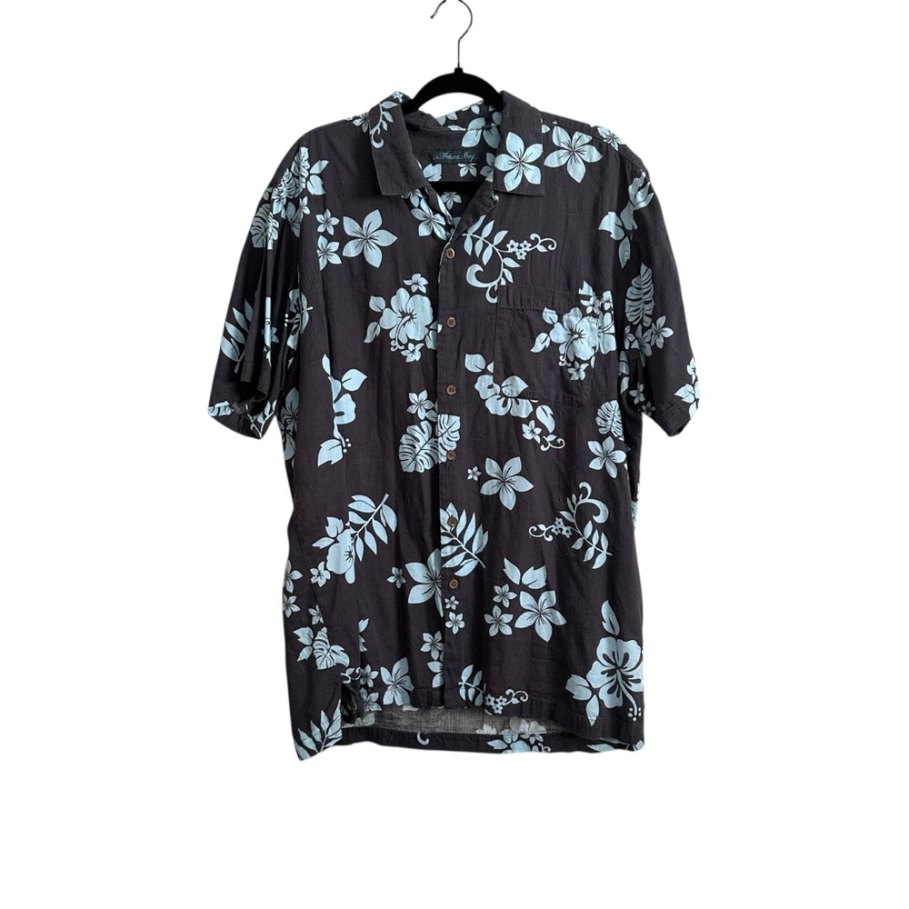 Milano Bay Gray and Blue Floral Hawaiian Button Up Cotton Blend Shirt Size XL